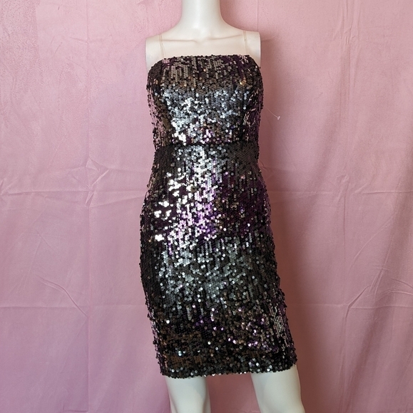 Jump Apparel Purple and Silver Sequin Clear Straps Bodycon Mini Homecoming Dress - Picture 1 of 8